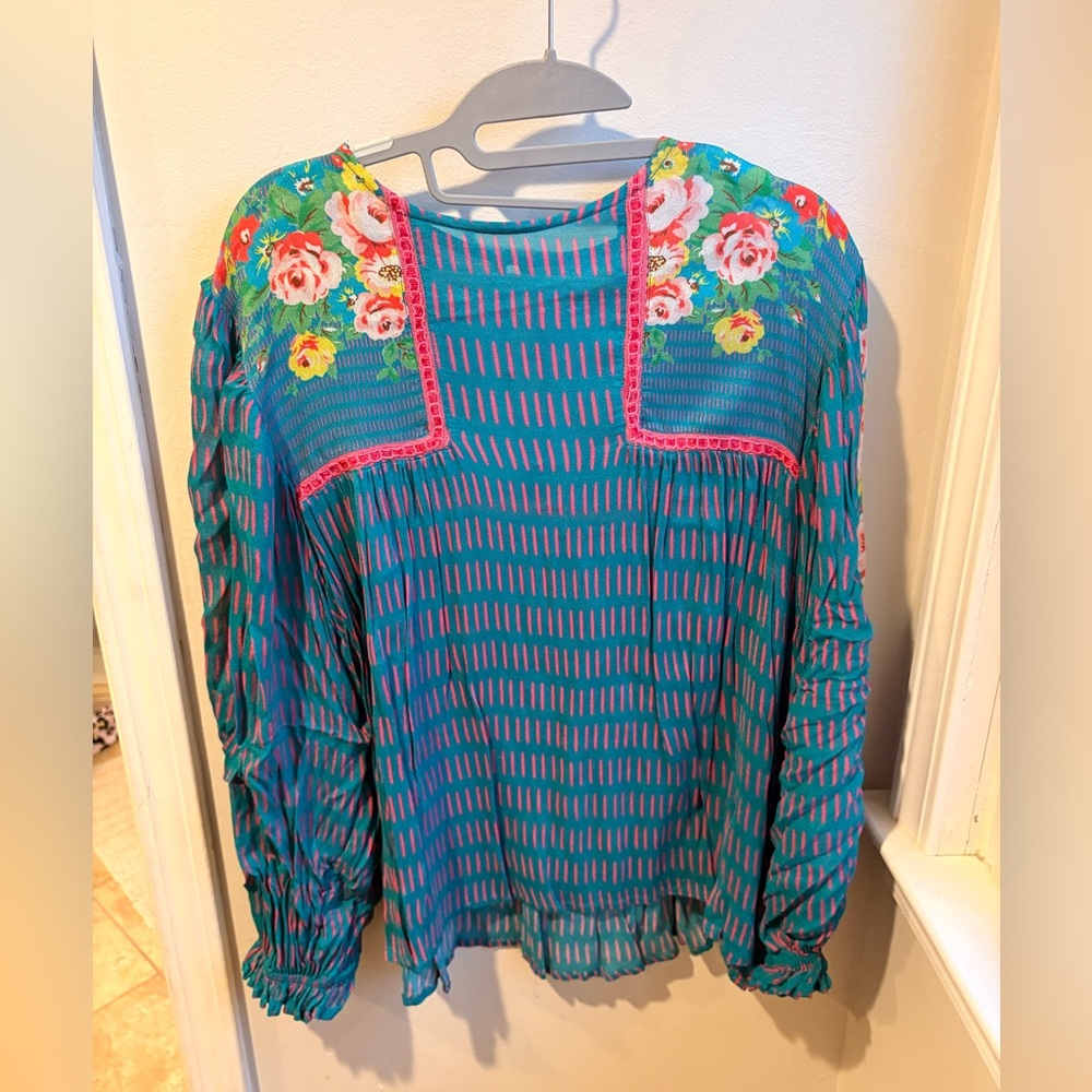 Anthropologie Floral Teal and Pink Women's Top size L